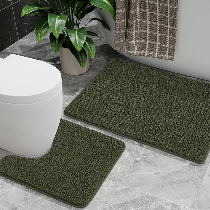 AROGAN Bathroom Rug Sets 2 Piece, 20"x20" U-Shaped Toilet Mat and 21"×34" Bath Mats Bathroom Floor Set, Washable Bath Rug, Absorbent Soft Non Slip Rug Set, Olive Green
