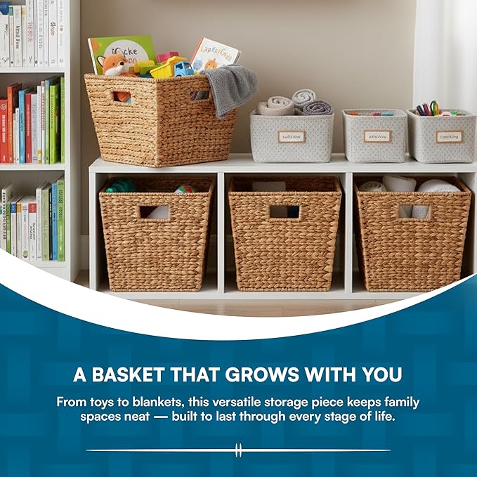 Honey-Can-Do Water Hyacinth Storage Baskets - Durable Wicker Basket with Handle for Organizing Home Essentials, Ideal for Pantry Organizers and Storage & Blanket Basket, Large, 15"x15"x12", Natural