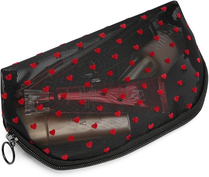 Portable Mesh Makeup Bag with Zipper Small Travel Toiletry Bag Lightweight Cosmetic Pouch (Black&Red Heart Half Round)
