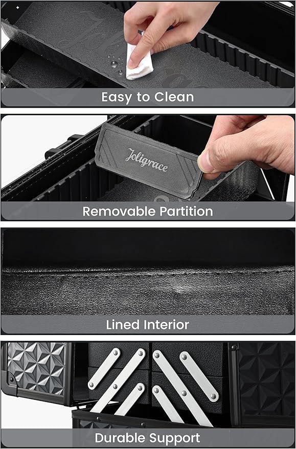 Joligrace Makeup Train Case Professional Cosmetic Organizer Aluminum Storage Box with 4 Adjustable Dividers Trays Lockable Portable with Shoulder Strap