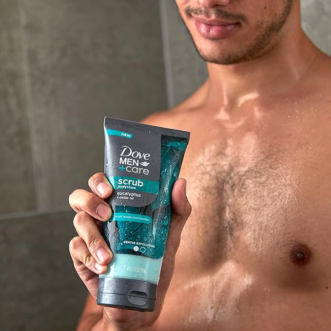 DOVE MEN + CARE Body and Face Scrub Eucalyptus Deeply Exfoliates for Hydrated & Nourished Skin 100% Gentle Cleanser, No Sulfate Cleansers or Parabens 9 oz (Pack of 4)