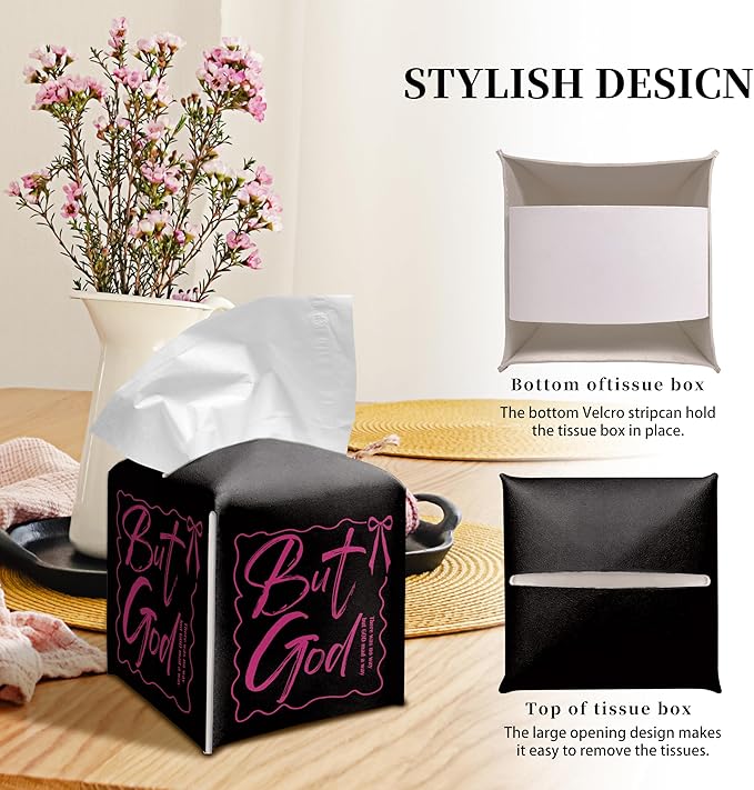 Grace Yonks Cute Tissue Box Cover Square - “But God” Christian Quote in Pink on Black Design 5.2" PU Leather Holder for Vanity, Desk, or Bathroom Counter - Cube Case for Facial Tissues(023)