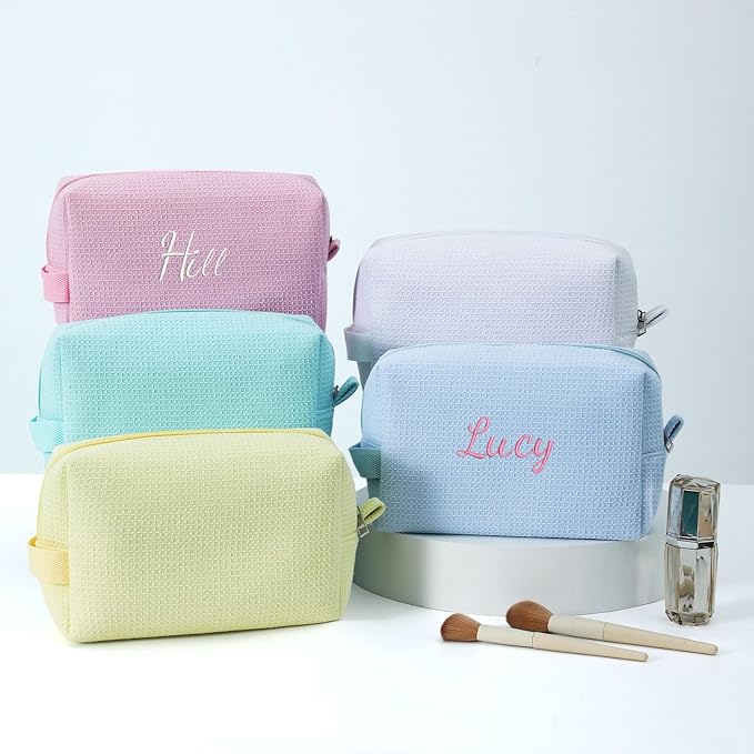DYSHAYEN Waffle Makeup Pouch Bag, Small Travel Cosmetic Bag, Gifts for Women Bridesmaid,Wedding,Christmas (Pink)