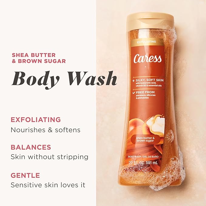 Caress Body Wash for Women, Shea Butter & Brown Sugar, Hydrating and Exfoliating Shower Gel for Gorgeous Radiant Skin, 20 fl oz, 4 Pack
