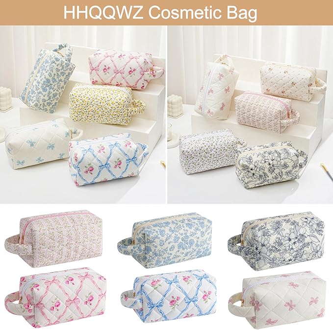 Makeup Bag Travel Cosmetic Bag for Women, Zipper Make Up Pouch, Floral Flowers Toiletry Organizer Makeup with Handle, Cosmetic Travel Cloth Bag (Blue Bowknot)