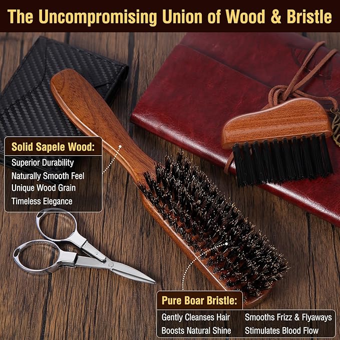 URTHEONE Premium Beard Brush Grooming Kit - 100% Natural Boar Bristle Hair Brush for Men, Ergonomic Handle,Cleaning Brush & Folding Scissors - Complete Beard Hair Care Set for Styling,Maintenance