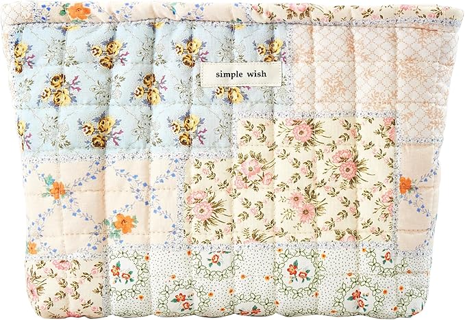 Floral Makeup Bag Pouch - Large Capacity Quilted Cosmetic Organizer for Travel Daily, Aesthetic Cottagecore Cotton Toiletry Purses with Zipper, Portable Gift for Women (Blue Floral-L)