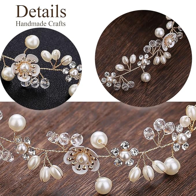 Hair Accessories: Bridal Pearl Flower Headpiece Headband for Girls, Flower Girls, and Women (Gold)