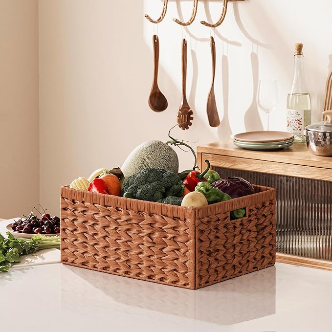 UBBCARE Storage Baskets with Label, Wicker Pantry Baskets for Shelves, Waterproof Woven Basket for Organizing, 2-Pack Plastic Rectangle Organizers with Handles,Light Brown (16.5L×13W×7.5H)