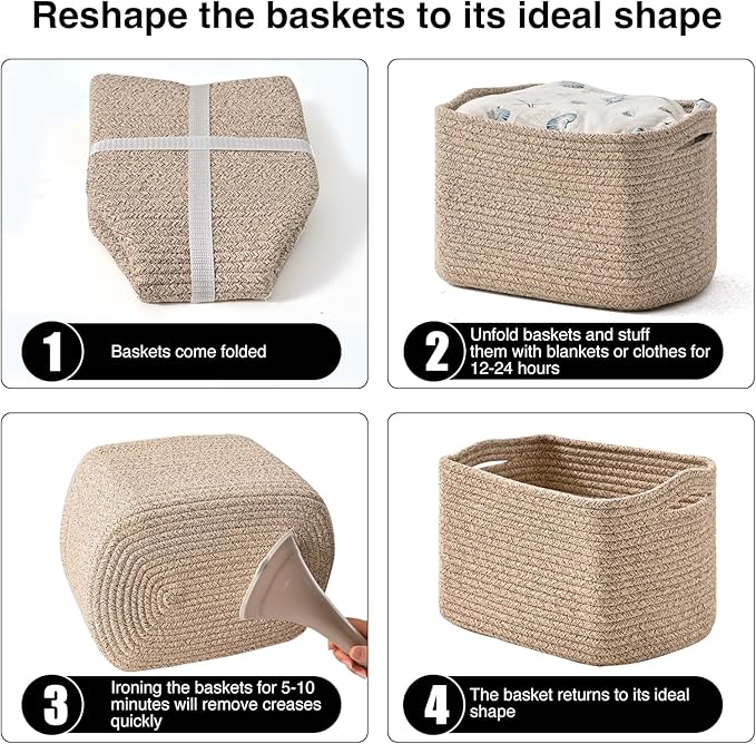Small Storage Baskets for Shelves Organizing, Woven Cotton Rope Baskets for Storage, Book Basket, Decorative Shelf Basket, 12.5"Lx9.1''Wx7.9''H (4 Packs) Mixed Brown