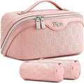 BOYATU Travel Makeup Bag for Women: Cosmetic Organizer Bag with Compartments - Leather Make up Bags Set of 3 (G-3-Pink)