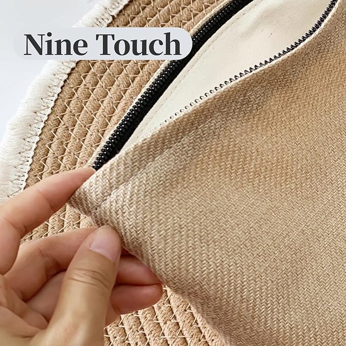 Bohemian Makeup Bag, Jute Cosmetic Bag, Large Zipper Pouch(10.6" * 7.1" * 2.8"), Solid Color Make Up Bag for Women, Perfect for Storing Makeup and Accessories, Makeup Bag for Daily Use Travel Gifting