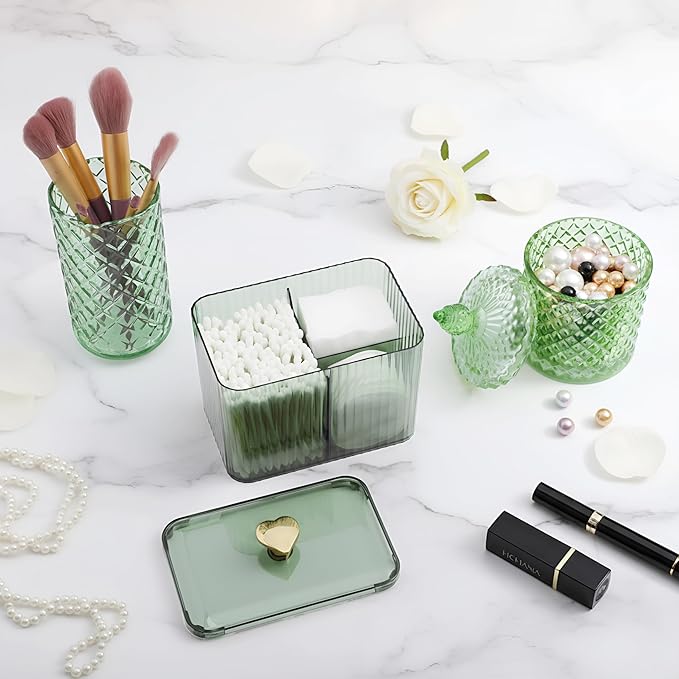 3 Pcs Qtip Holder Dispenser Bathroom Set Cotton Ball Holder Cotton Swabs/ball Storage Box 3 Grids Partition Cosmetics Storage Dispenser for Vanity Tray Candy Container Jar For Home(Green)