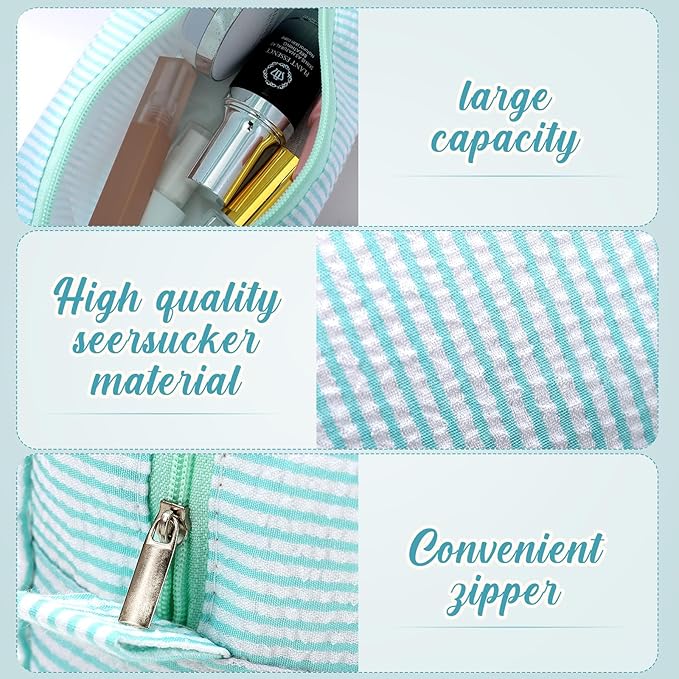 Sanwuta 6 Seersucker Cosmetic Bag Bulk Pinstripe Makeup Bag for Women Aesthetic Cute Travel Toiletry Organizer Preppy Storage Pouch for Wedding Bridesmaid Christmas Gift (Large,Mint Blue)