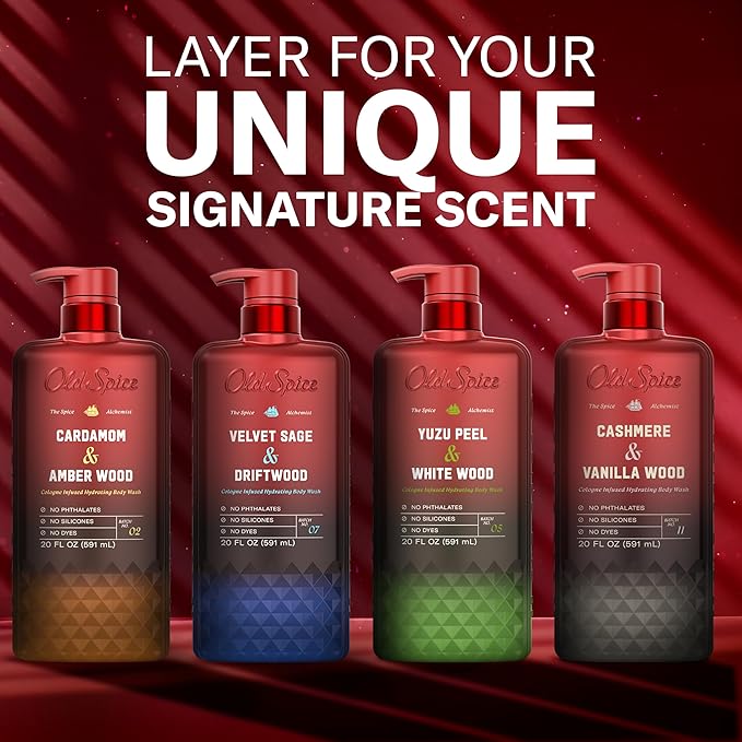 Old Spice Body Wash for Men, The Spice Alchemist Collection, 24/7 Cologne Infused Hydration, No Trade Off Formula, Free of Phthalates Silicones & Dyes, Cardamom + Amber Wood Scent, 20 oz