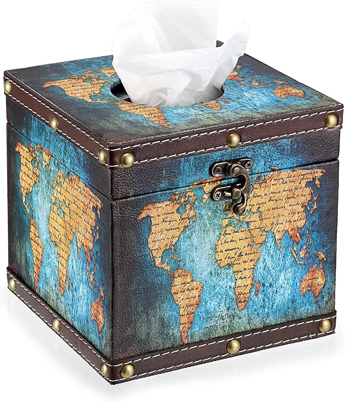 Sumnacon Retro Wood Square Tissue Box Cover - Vintage Cube Tissue Box Holder, Decorative Facial Tissue Holder for Bedroom Bathroom Dresser Night Stand Table Car Store Office Home Decor, Green
