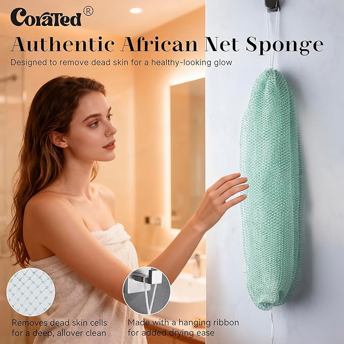 CORATED African Net Sponge with Knots Authentic, Shower Loofah Exfoliating Bath Sponge, Body Scrubber for Women and Men Daily Use Body Care, Portable Bath Accessories Gifts