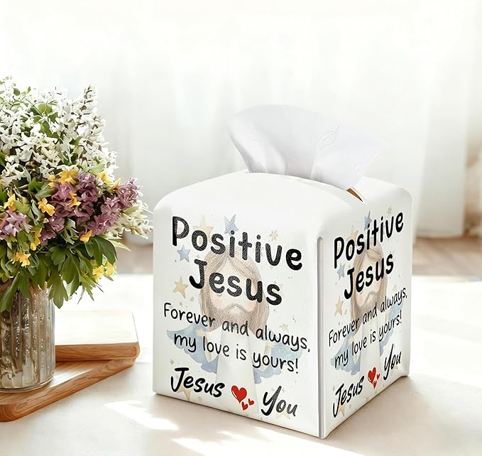 Positive Jesus Tissue Box Cover Square, Catholic Religious Waterproof Leather Tissue Box Holder, Jesus Paper Facial Tissue Box Covers Cube for Office Bathroom Home Prayer Room and Car Decor