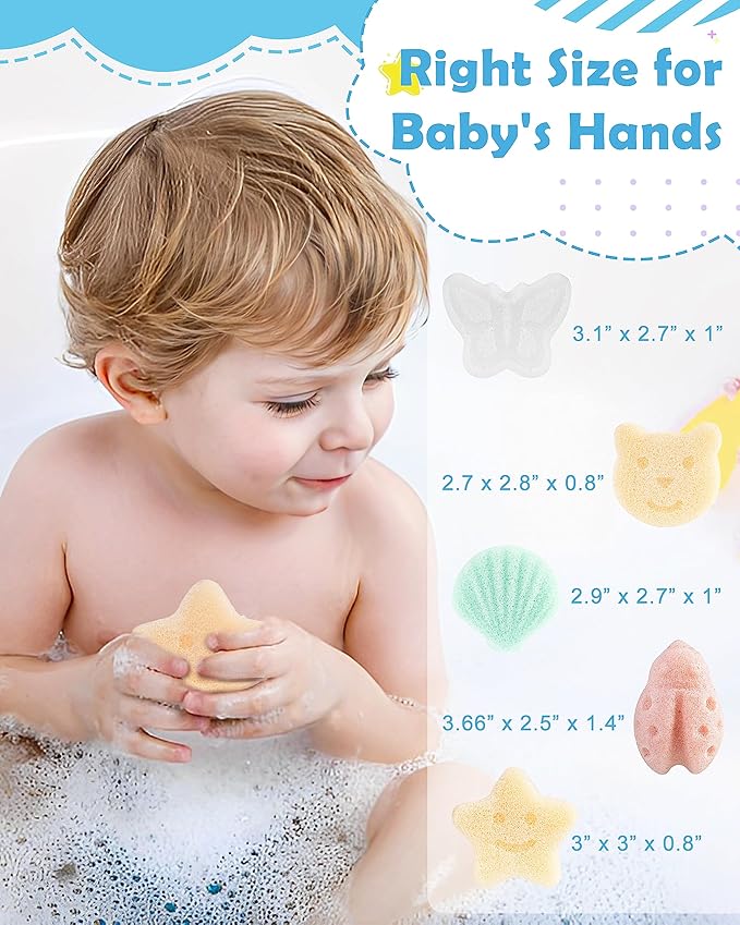 MoHern Konjac Baby Sponge for Bathing, 5Pcs Natural Cute Shapes, Kids Bath sponges for Infants, Toddler Bath time, Plant-Based, Extra Soft