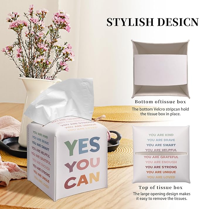 Grace Yonks Cute Motivational Tissue Box Cover Square, Cube Case for Facial Tissues, 5.2" PU Leather(077)