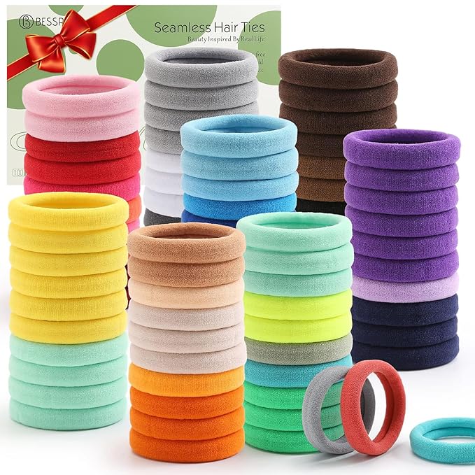 Bessrung 100PCS Elastic Hair Ties, Seamless Hair Band, Ponytail Holder No Crease Damage, Cotton Bands, Hair Scrunchies for Thick Thin Hair, Hair Accessories for Women