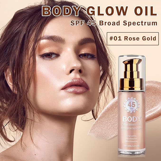 Shimmer Body Oil,Glitter Sunscreen,SPF 45 Broad Spectrum,Lightweight Moisturizing Body Glow Oil,Water Resistant,Glowing Results,01 Rose Gold