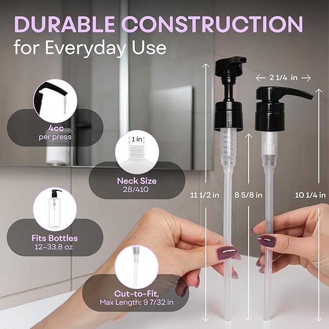 BRIGHTFROM Universal Dispensing Pump, Perfect for Shampoo & Conditioner 1 L (33.8 OZ) - Fits Most Bottles or Any Refillable Bottles from 12oz to 33.8oz with 28/410 Neck Size, Black (Pack of 2)