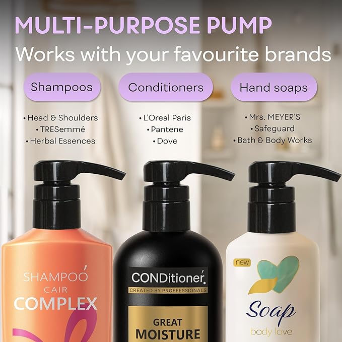 BRIGHTFROM Universal Dispensing Pump, Perfect for Shampoo & Conditioner 1 L (33.8 OZ) - Fits Most Bottles or Any Refillable Bottles from 12oz to 33.8oz with 28/410 Neck Size, Black (Pack of 2)