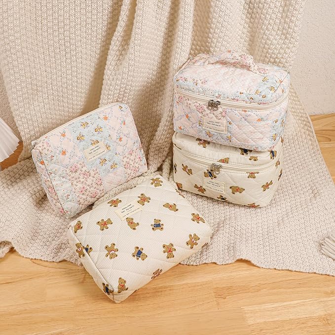 uekeboag 3Pcs Quilted Cotton Makeup Bag,Coquette Quilted Toiletry Bag for Women and Girls,Floral Coquette Pouch,Cute Kawaii Travel Cosmetic Bags(3Pcs pink flower)