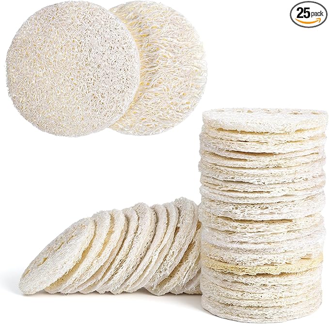 25 PCS Natural Loofah Exfoliating Face Scrub Pads, 2.36in Face Body Scrub Pads, Loofa Sponges Facial Exfoliating Pads for Makeup & Dead Skin Removal, Cleansing Skin for Women and Men