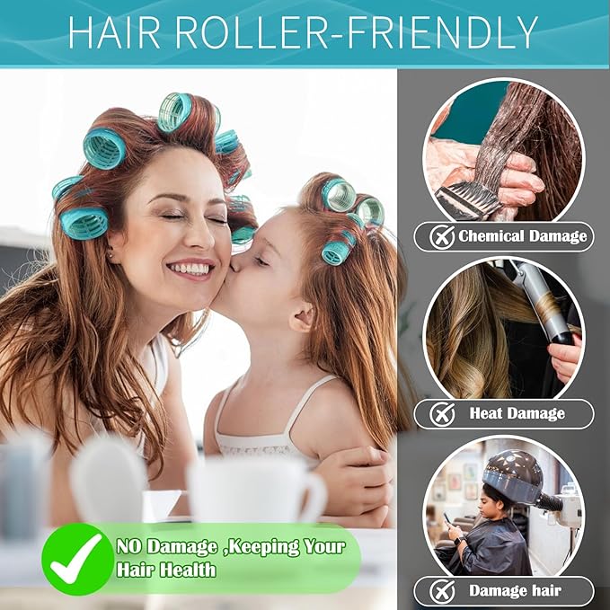 Hair Rollers, 12 Pack Self Grip Salon Hairdressing Curlers, DIY Curly Hairstyle, Large Rollers 1.57In Blue-Green