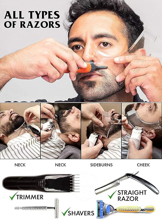 2PCS Men's Beard Shaping Tool Template, Beard Guide Shaper with Inbuilt Comb, Multi-liner Edges Shave for Curve/Straight/Neckline/Goatee/Sideburns (Clear-2pcs)