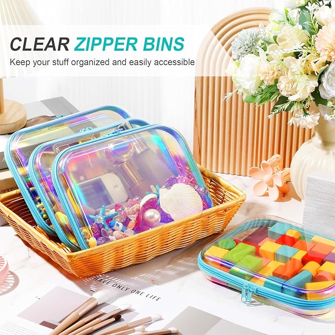 Hoolerry 4 Pcs Hard Clear Zipper Case Makeup Bags Plastic Zipper Pouch Transparent Storage Box Containers for Cosmetics, Snacks, Building Blocks, Puzzles(Clear,9.8 x 7.9 x 2 in,Blue Laser)