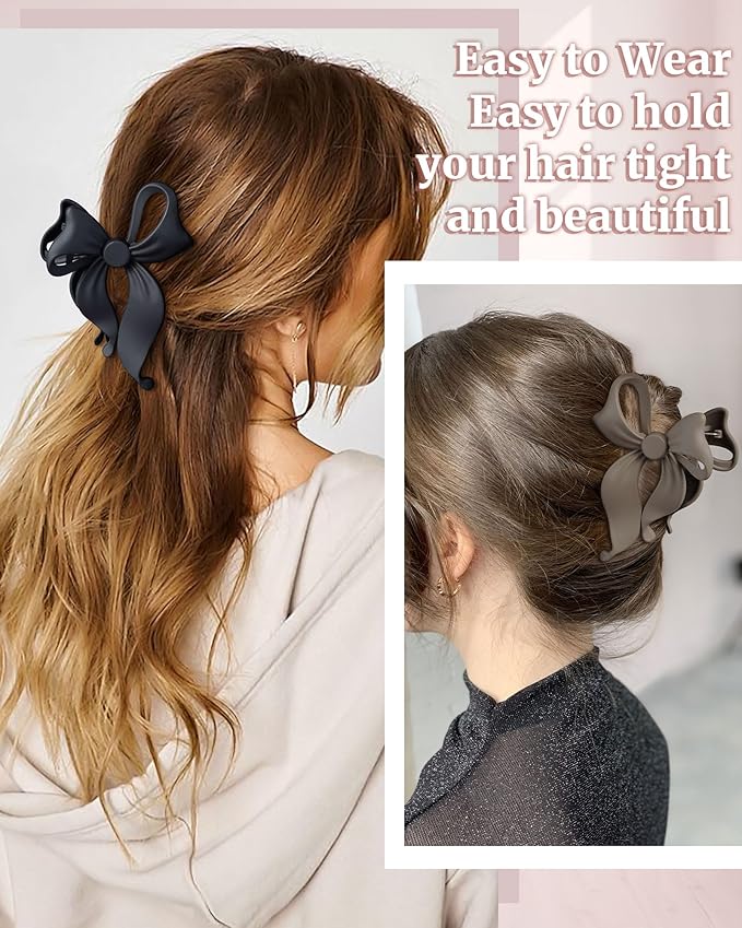 Mesovor 4 Pack Cute Bow Claw Clip for Women, Nonslip Large Matte Strong Hold Bows Hair Clips for Thin and Thick Hair | Chic Hair Styling Accessories (4.1" Black, Brown, Beige, Pink)