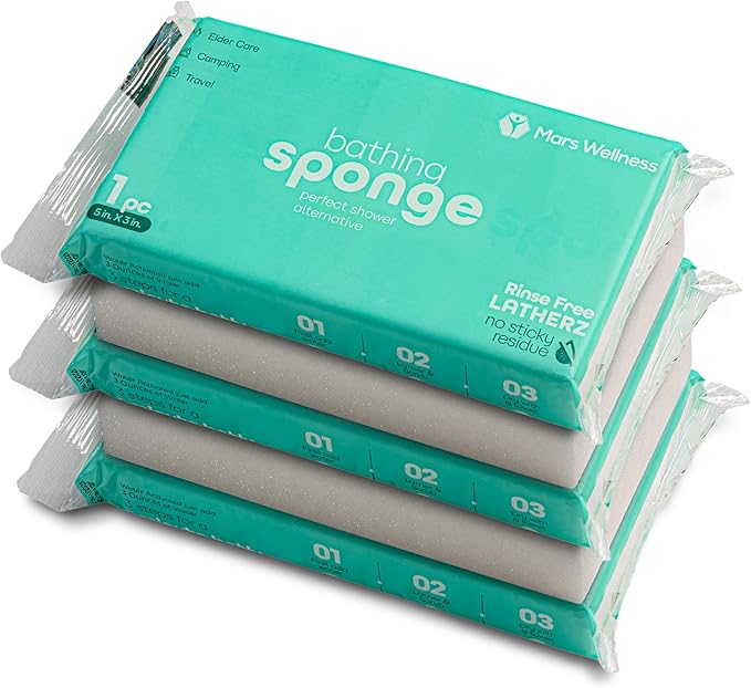Latherz No Rinse Washing/Bathing Sponges - 5 Pack - Just Add Water - Shower Cleansing Soft Sponge - Soft on Skin for Sensitive Skin - Soap Infused Dry Shower