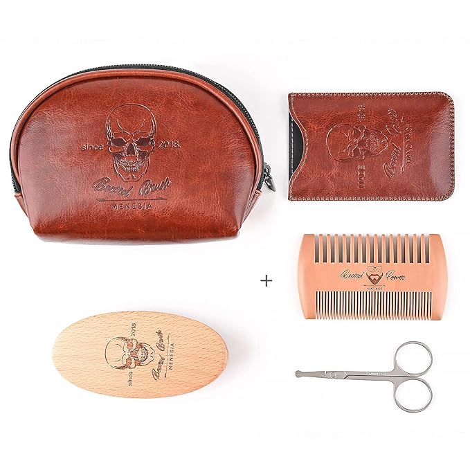 Beard Brush and Comb Set, Boar Bristle Hair Beard Brush Kit with Small Leather Travel Toiletry Bag Case for Men, Include Men's Wooden Mustache Comb & Nose Hair Scissors