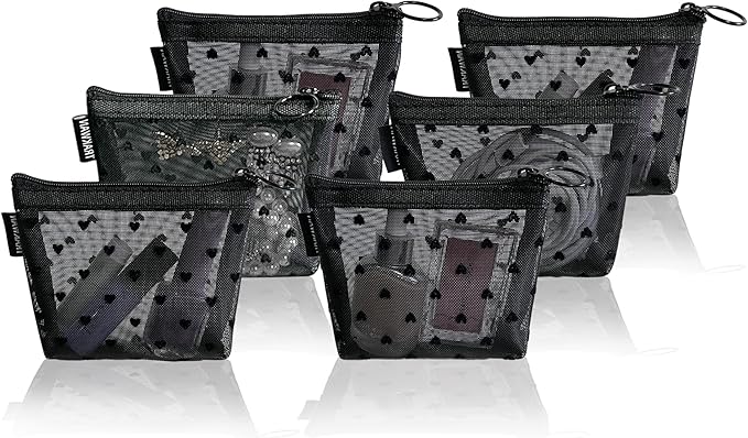 Mini Mesh Heart Makeup Bag Set, Mesh Cosmetic Bags with Zipper, Makeup Lipstick Cosmetic Accessories Organizer Bag, Mesh Pouch for Travel (Black-6pcs)