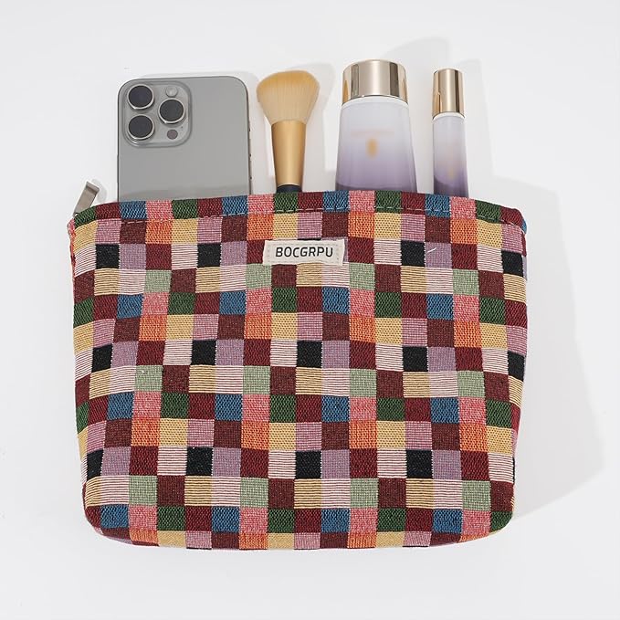 Makeup Bag Small Cute Cosmetic Bags for Women，Checkered Travel Toiletry Bag for Purse, Large Canvas Cosmetic Pouch Makeup Organizer Tool Pouch with Zipper（Colorful Checkered）