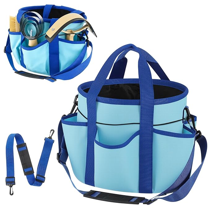 Abbylike Grooming Tote Bag for Horses and Dogs Organize Tack Tools Equestrian Grooming Kit Care Portable with Multiple Pockets for Supplies(Stylish,10.63 x 10.63 x 9.45 Inch,Blue)