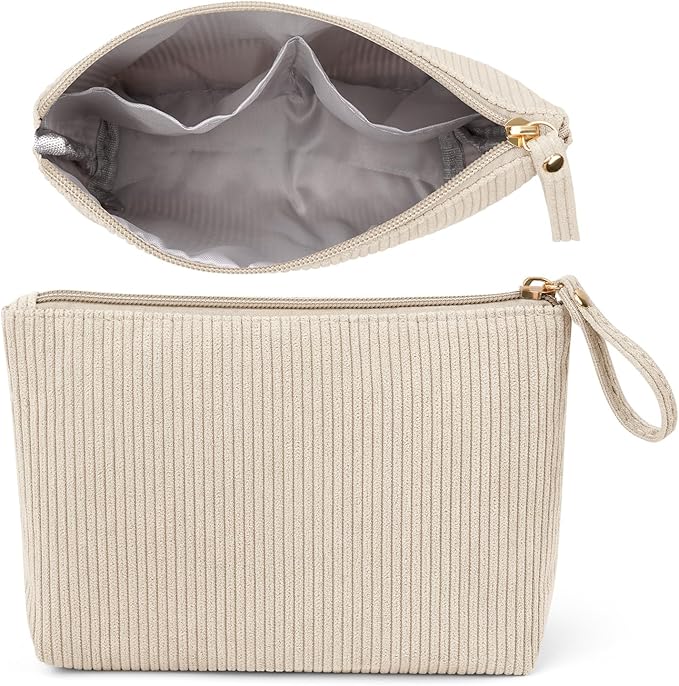 MAGEFY Small Makeup Bag, Corduroy Small Pouches for Purse Cosmetic Bag Makeup Pouches for Key Pocket Lipstick Bag Card Holder Data Cable Organizer(Beige,Small)