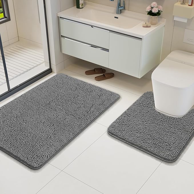 AROGAN Bathroom Rug Sets 2 Piece, 20"x20" U-Shaped Toilet Mat and 21"×34" Bath Mats Bathroom Floor Set, Machine Washable Bath Rug Set, Absorbent and Dry Quickly, Soft Non Slip Rug, Grey