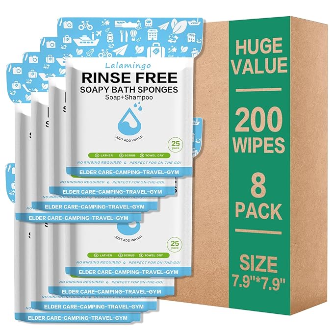 8 Pack Disposable Rinse Free Bath Sponges, No Rinse Bathing Wipes for Adults, Soap Infused Dry Shower Wipes for Elderly, Bedridden, Camping, Post Surgery(200PCS)