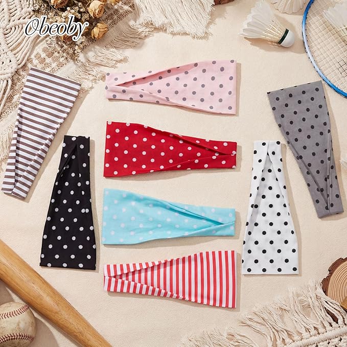 obeoby 8 Pack Polka Dot Headband for Retro Y2K Style, Trendy Stripe Hairbands for Girls Non Slip Head Bands for Women's Hair