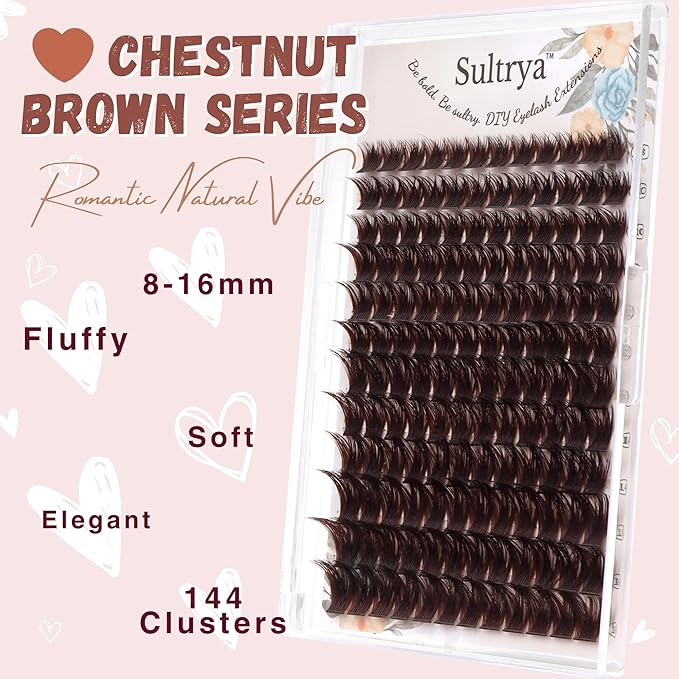 Brown Lash Clusters 144PCS Natural Fluffy Thick Eyelash Clusters, C Curl Volume Cluster Lashes, False Eyelashes, Beginner Friendly, DIY Eyelash Extensions for Natural Look (8-16mm, Brown)