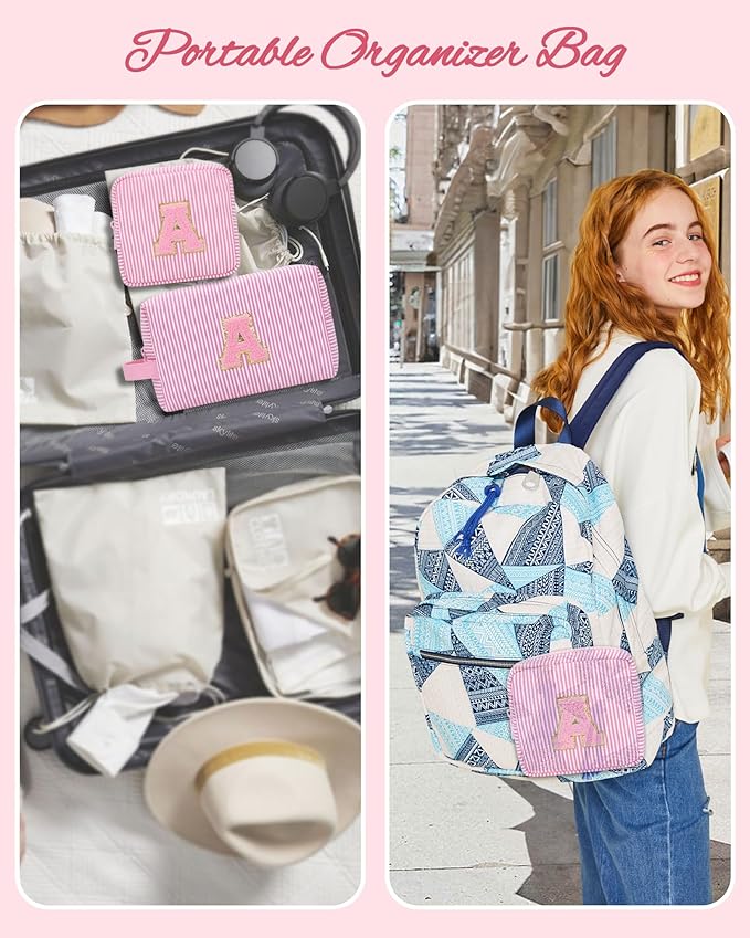 MONSTINA Personalized Initial Makeup Bag for Women,Make Up Case for Girlfriend Bridesmaid Wife,Birthday Gift for Her Cute Toiletry Bag,2PCS,Pink L