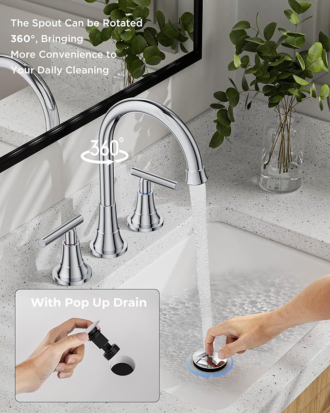 FORIOUS Chrome Bathroom Faucet Vanity 3 Holes, 8 Inch Widespread Polished Chrome Faucet for Bathroom Sink 3 Piece with Pop-up Drain and 360 Degree Swivel Spout, Silver Rv Lavatory Tap