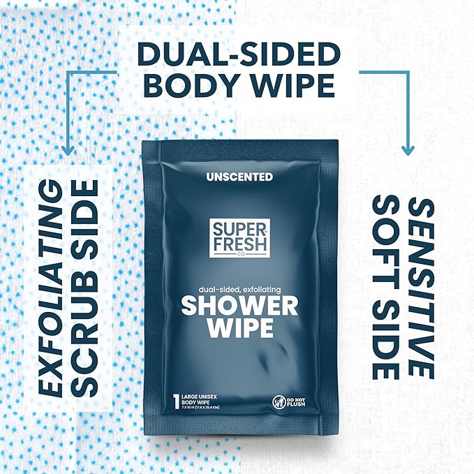 Super Fresh Shower Wipes Large Unscented Body Wipes for No Rinse Bathing Personal Hygiene Gym Travel or Camping Enriched with Aloe and Vitamin E 50 Individually Wrapped Disposable Sheets