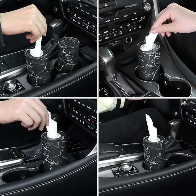 SINGARO Car Tissue Holder, 4 Pack Car Cup Holder Facial Tissues with Travel Tissue Bag, Quick and Convenient Flower Combination Car Tissue Box(4 Canisters/200 Tissues) Black