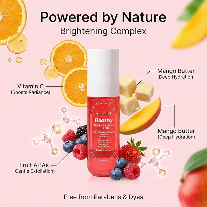 NATURE WELL Beamy Brightening Body Oil, Fast-Absorbing Formula Designed Hydrate, Smooth & Visible Brighten Skin, Scented with Black Currant, Jasmine, and Vanilla Woods, 3.4 Oz