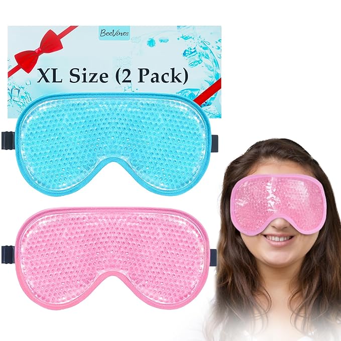 BeeVines XL Gel Eye Mask, 2 Pack Cooling Ice Masks for Puffy Eyes for Men & Women, Cold & Warm Compress for Post Surgery, Puffiness, Allergies, Sinuses & Migraines Treatment